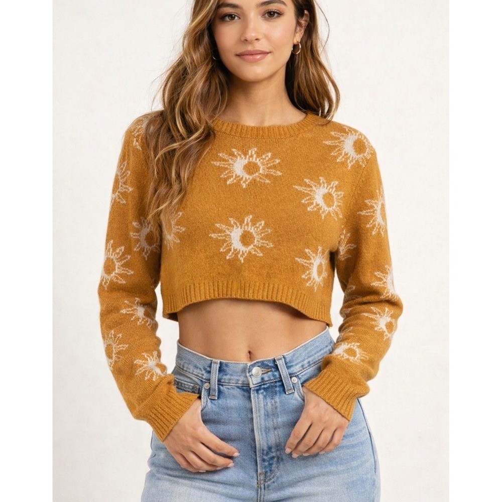 Celestial Moon And Stars Mustard Yellow Knit Cropped Sweater Indie Boho Festival